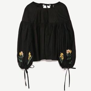 NWT ZARA BLACK EMBROIDERED BLOUSE